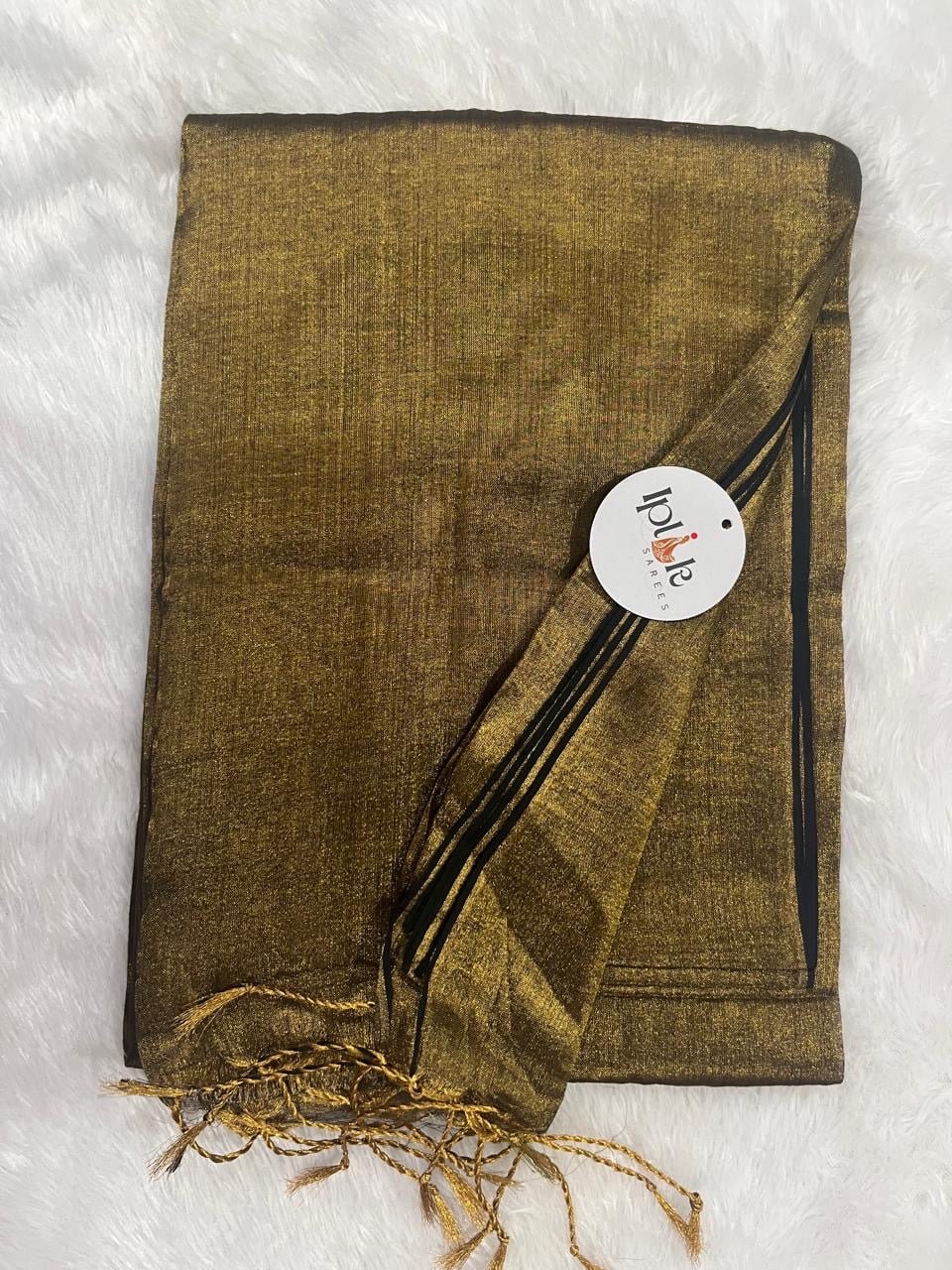 Vaishali Gold Handloom Tissue Saree With Black Selvedge