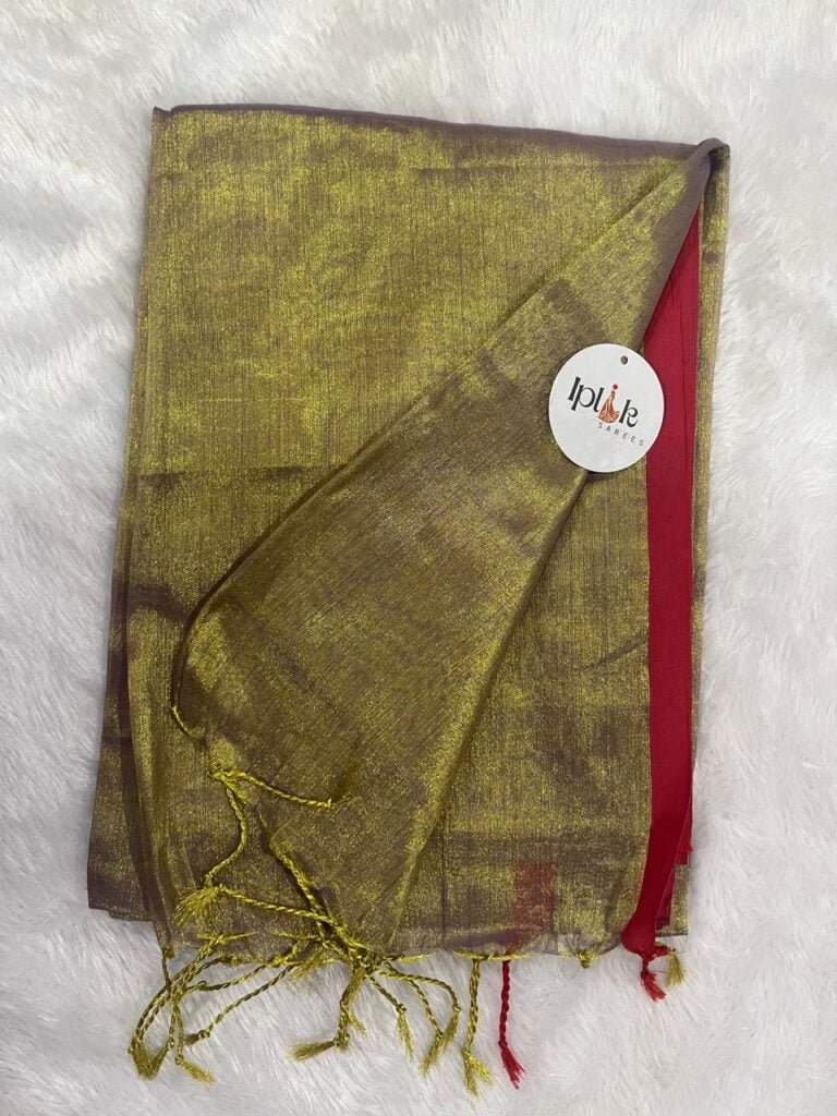 Sonali metallic gold handloom tissue saree draped for festive wear, handwoven by Label Iplik