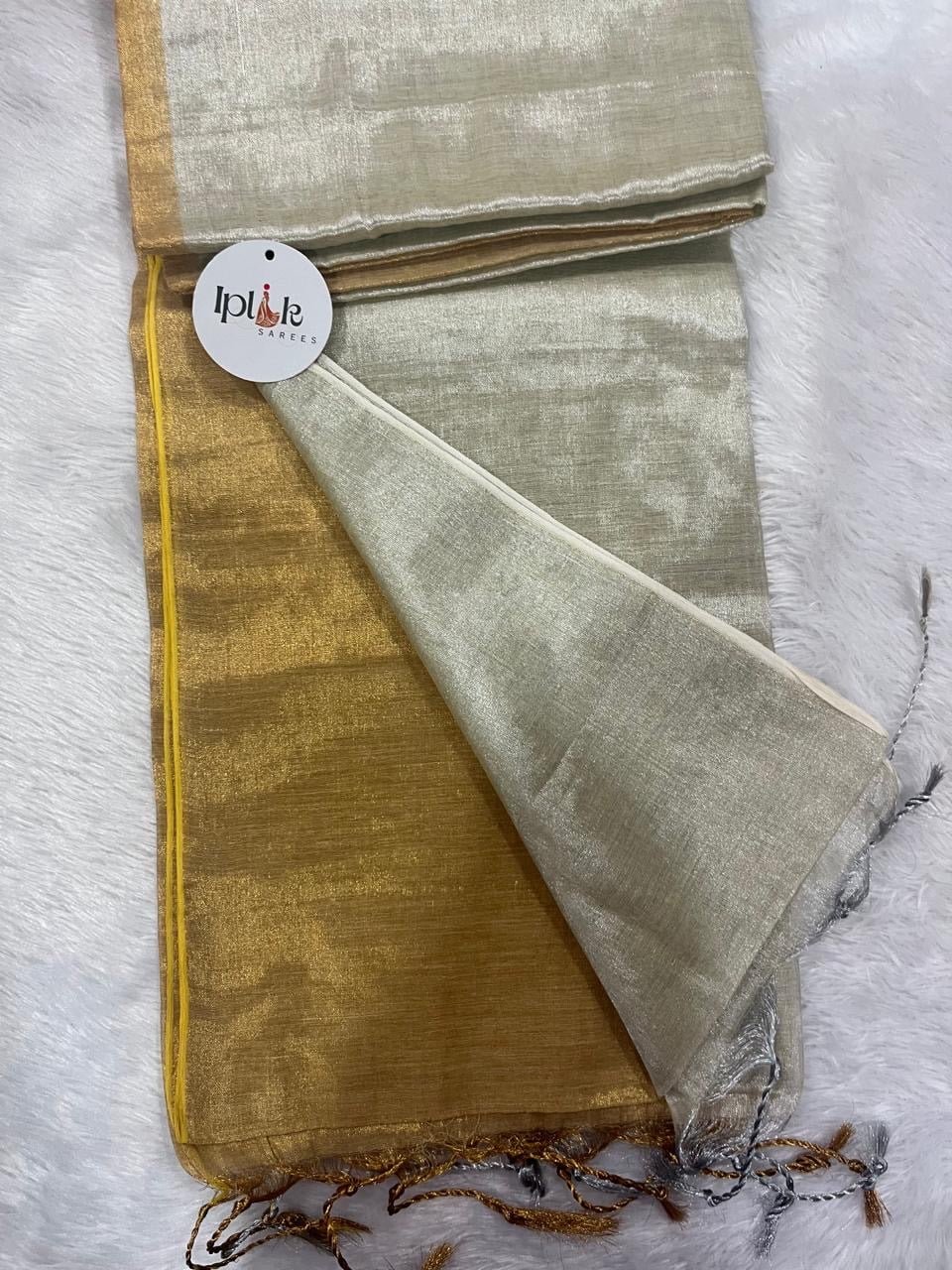 Ambika Metallic White And Gold Handloom Tissue Saree