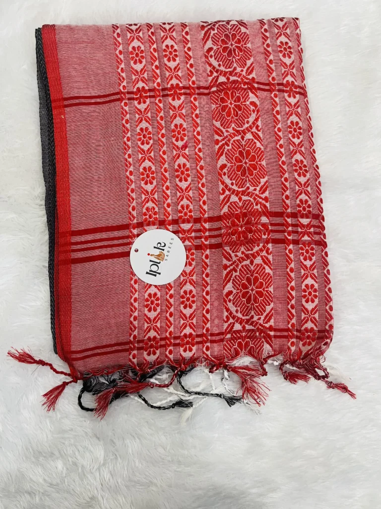 White Begumpuri saree with black red Ganga Jamuna border by Label Iplik