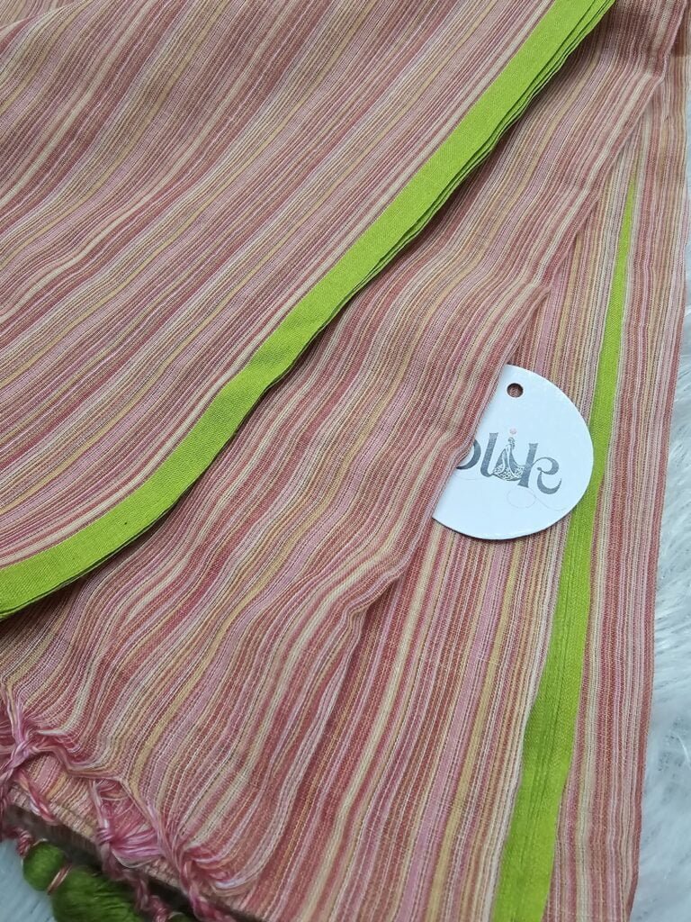 Peach striped mul cotton saree draped on a hanger, featherlight mulmul handloom from Label Iplik
