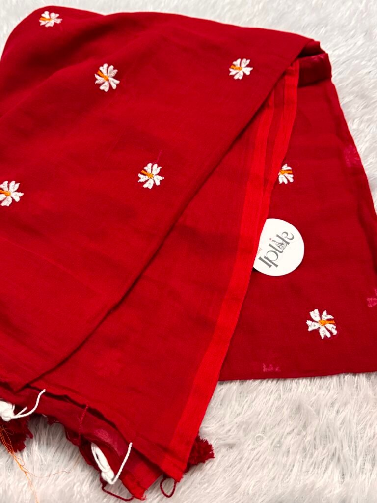 Shiuli Red mul cotton handloom saree by Label Iplik, the soft Bengal cotton traditionally layered for kantha stitch work