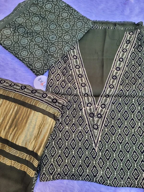 Mahandi Green Ajrak Block Print Modal Silk Suit Set