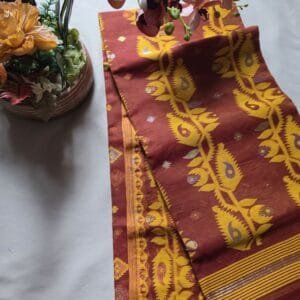 Burnt Orange and Yellow Jamdani Saree