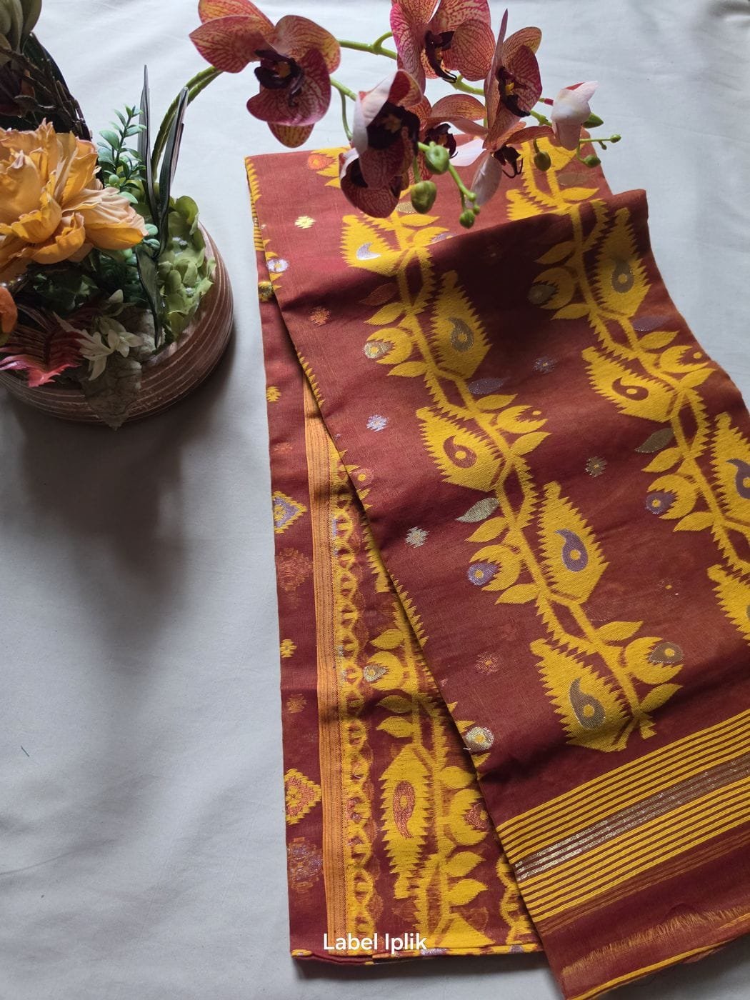 Burnt Orange and Yellow Jamdani Saree
