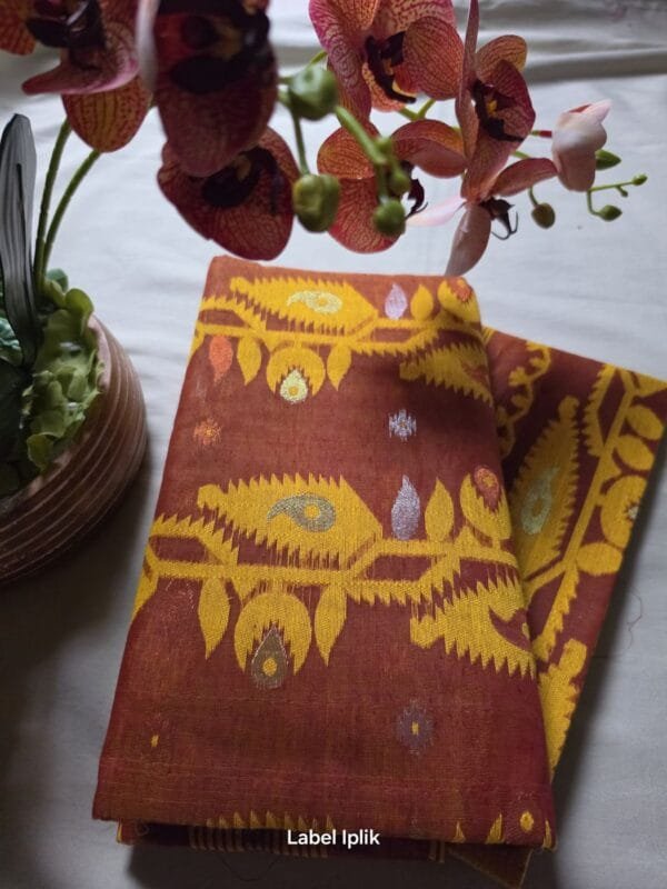 Burnt Orange and Yellow Jamdani Saree