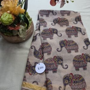 Beige Elephant Motif Kalamkari Kota Saree