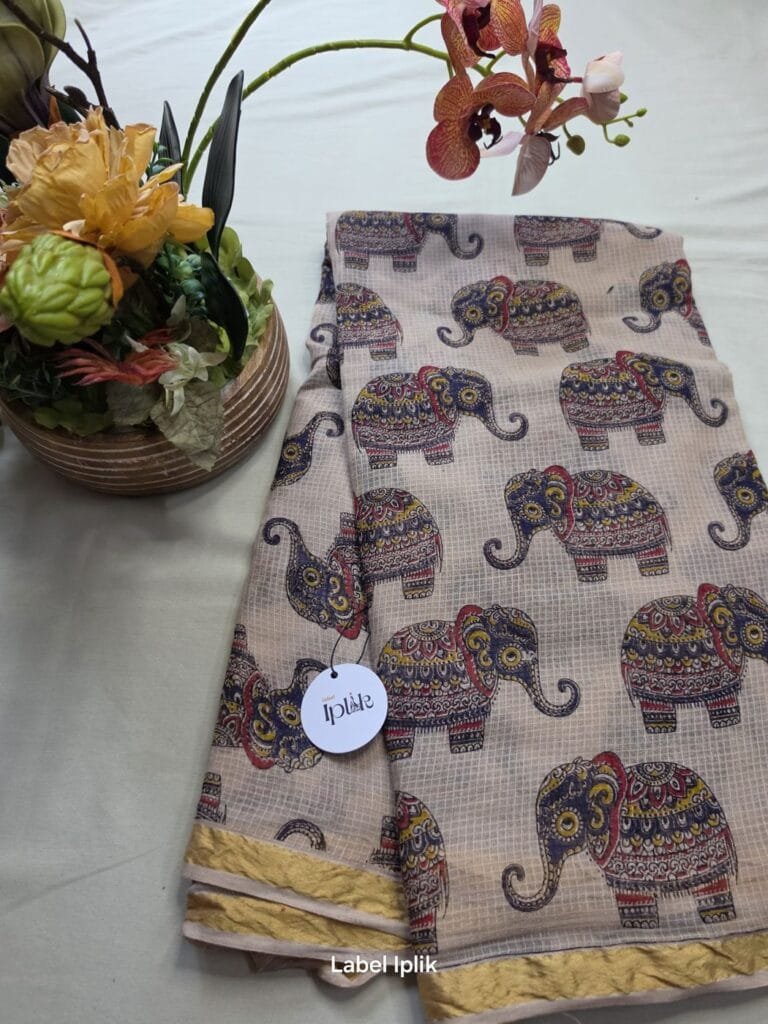 Beige Elephant Motif Kalamkari Kota Saree