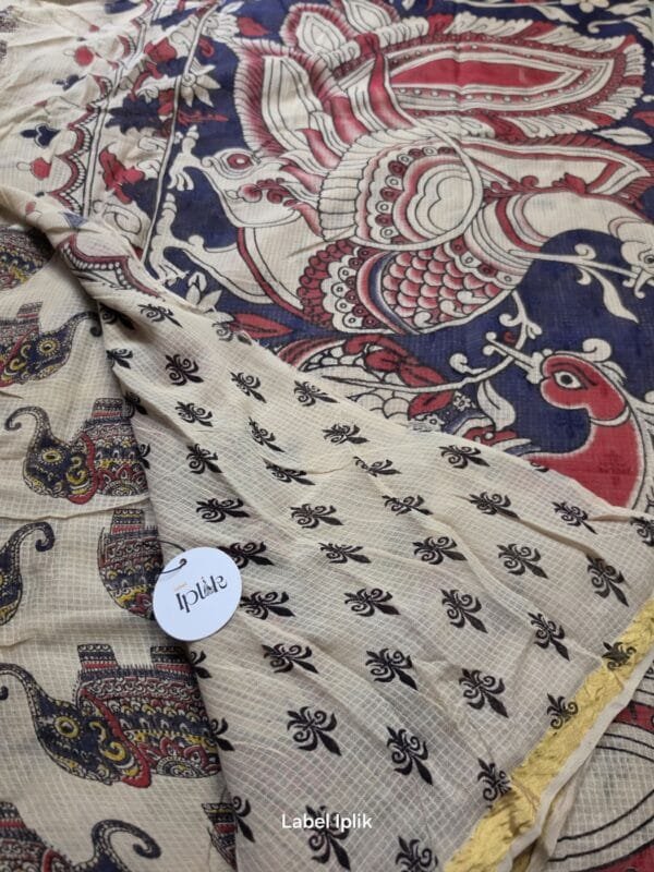 LI-KKO-01_03 Beige Elephant Motif Kalamkari Kota Saree