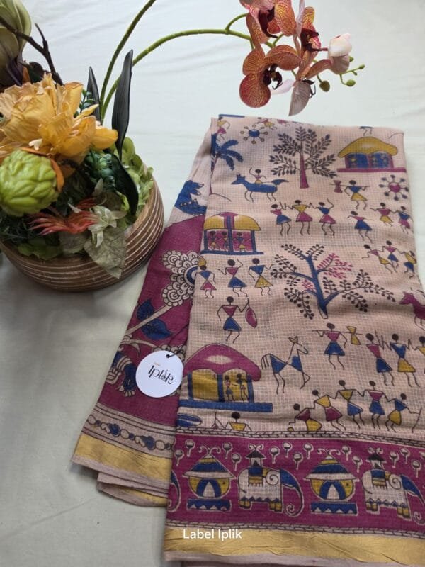 LI-KKO-02_01 Beige Body Village Themed Kalamkari Kota Saree