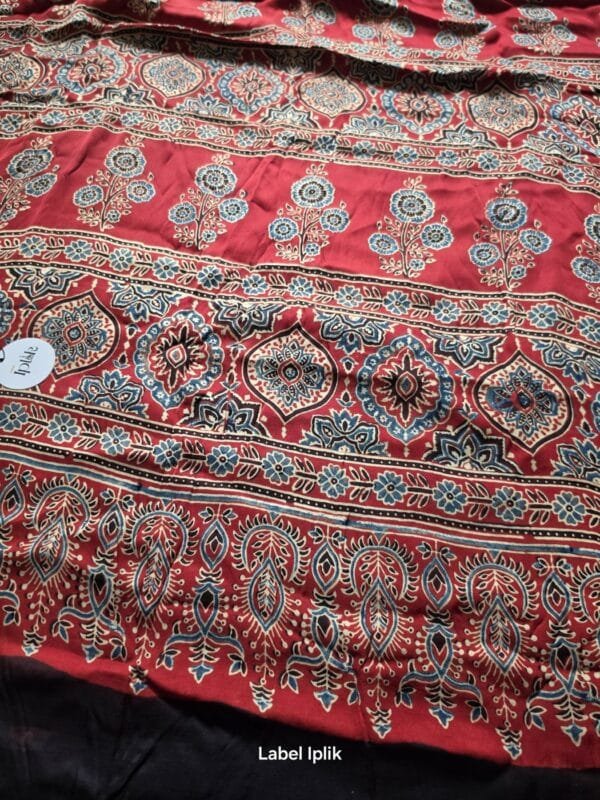 Modal Ajrakh Red Vertical Lines Saree