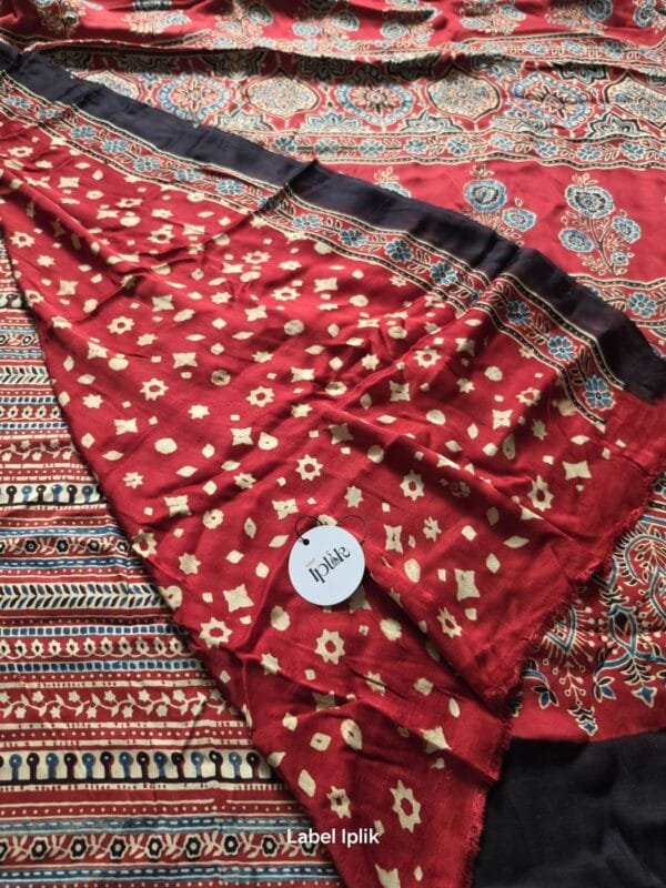 Modal Ajrakh Red Vertical Lines Saree