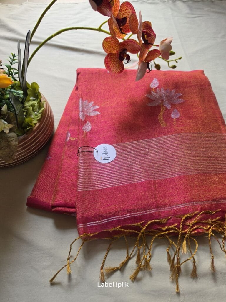 Pink Linen Tissue Lotus Motif Matka Saree