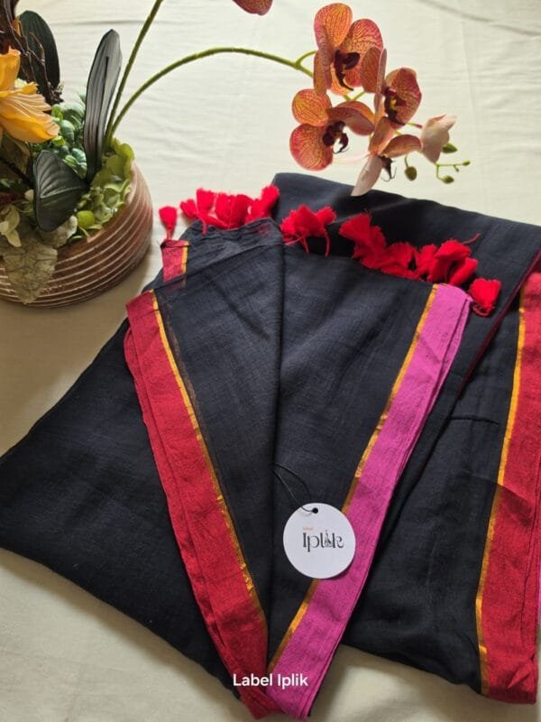 Black with Pink Border Mul Cotton Saree