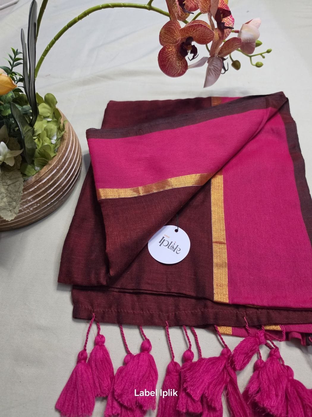 Maroon with Pink Border Mul Cotton Saree