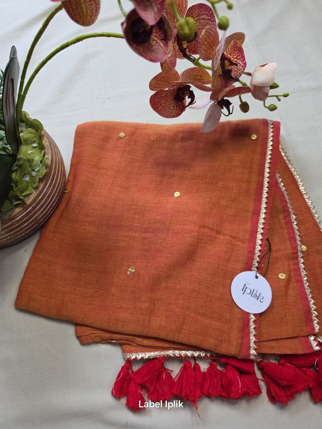 Rust Orange Mul Cotton Saree