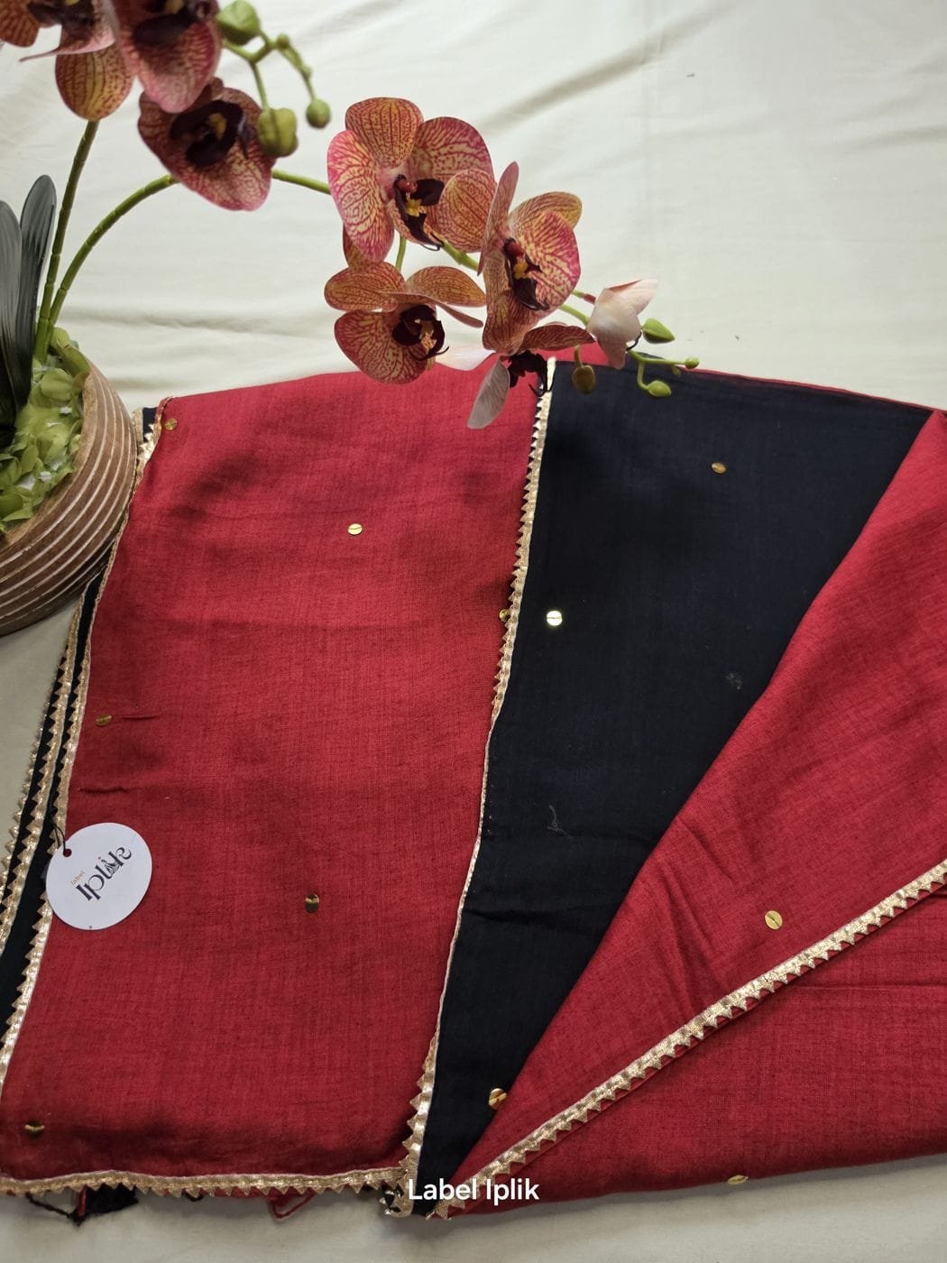 Black and Red Half n Half Mul Cotton Saree