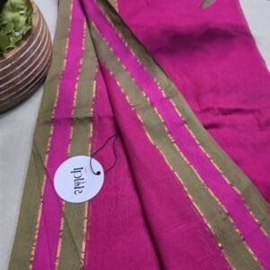 Hot Pink with Green Border Mul Cotton Saree