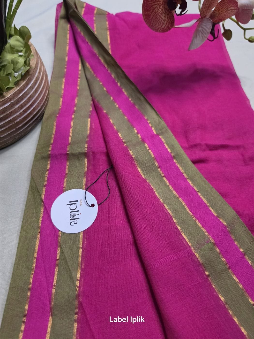 Hot Pink with Green Border Mul Cotton Saree