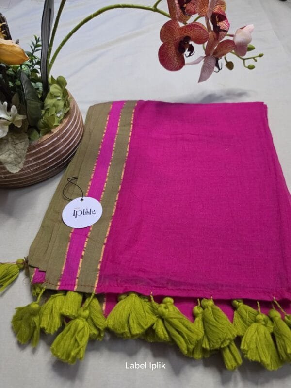 Hot Pink with Green Border Mul Cotton Saree