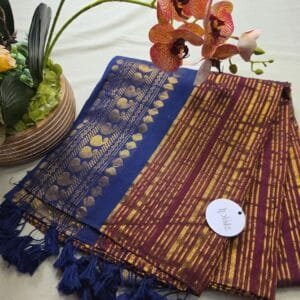 Maroon with Blue Border Mul Cotton Saree