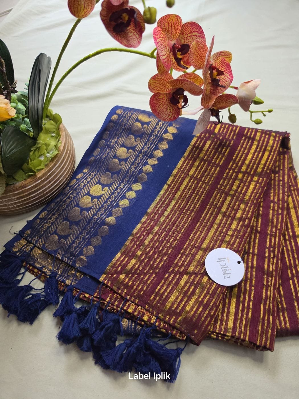 Maroon with Blue Border Mul Cotton Saree