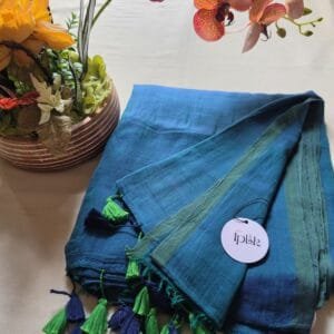 LI-MUL-17_01 Blue with Green Hue Mul Cotton Saree