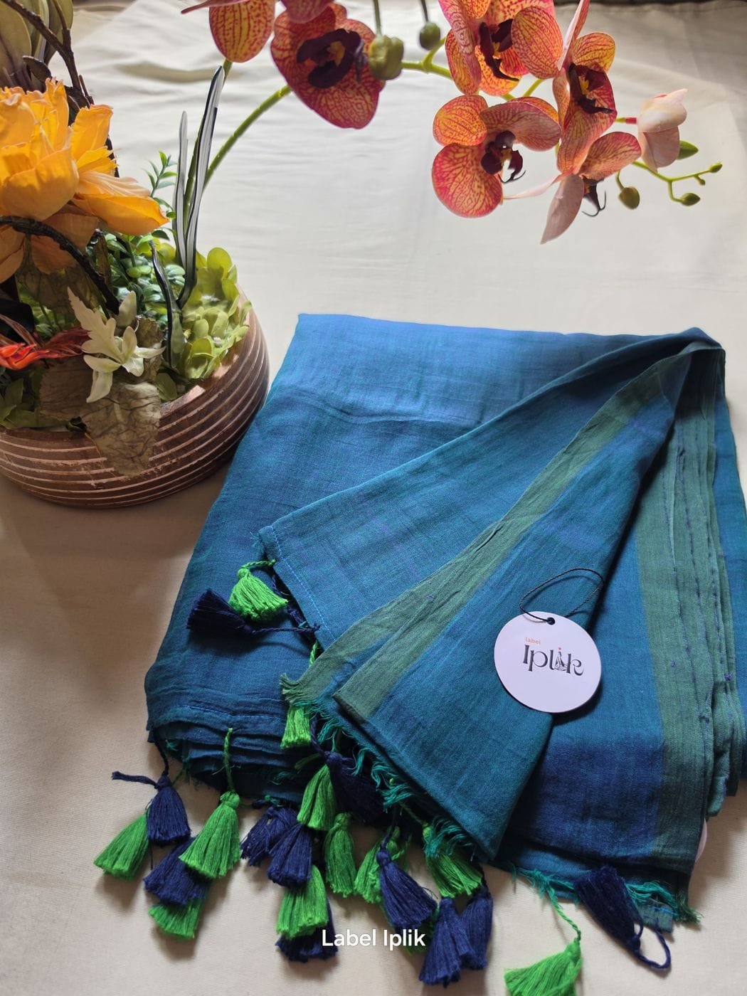 Blue with Green Hue Mul Cotton Saree