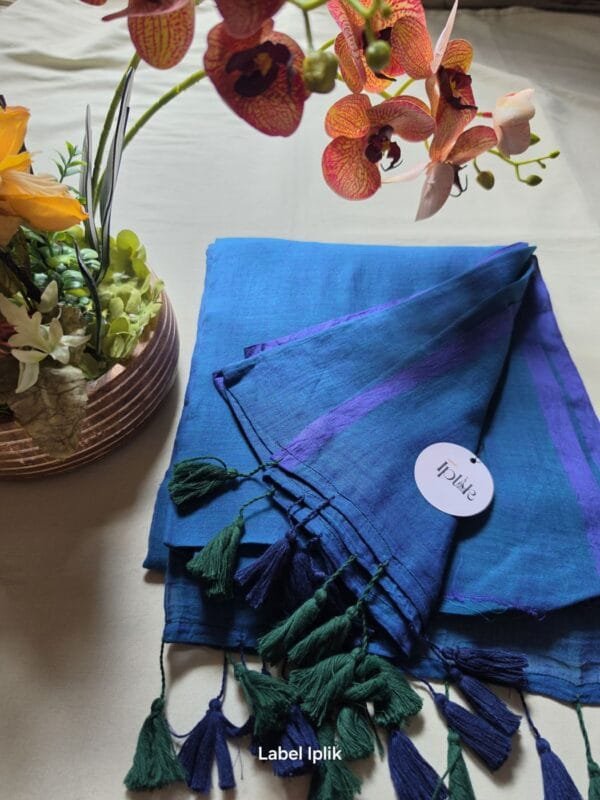 Blue with Green Hue Mul Cotton Saree