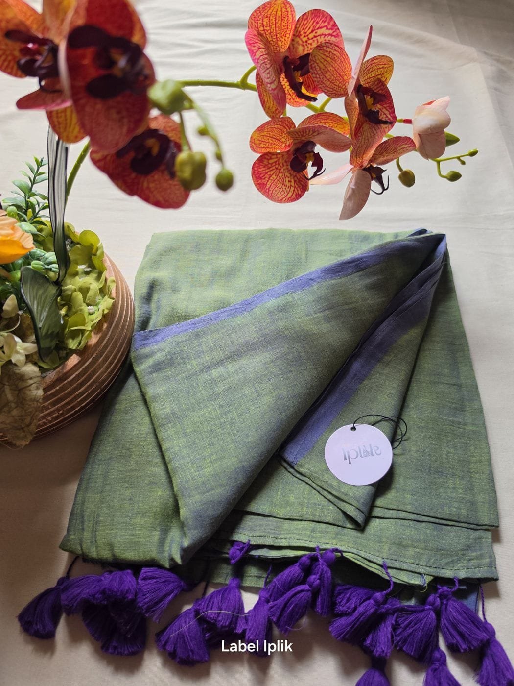 Green with Blue Mul Cotton Saree