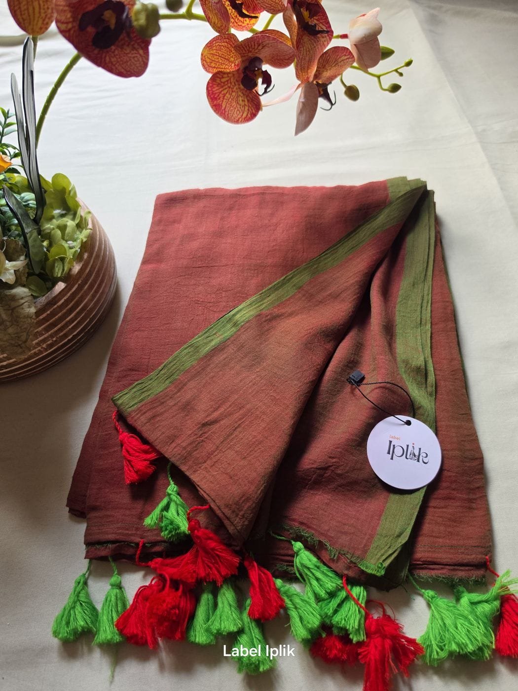 Green with Red Hue Mul Cotton Saree