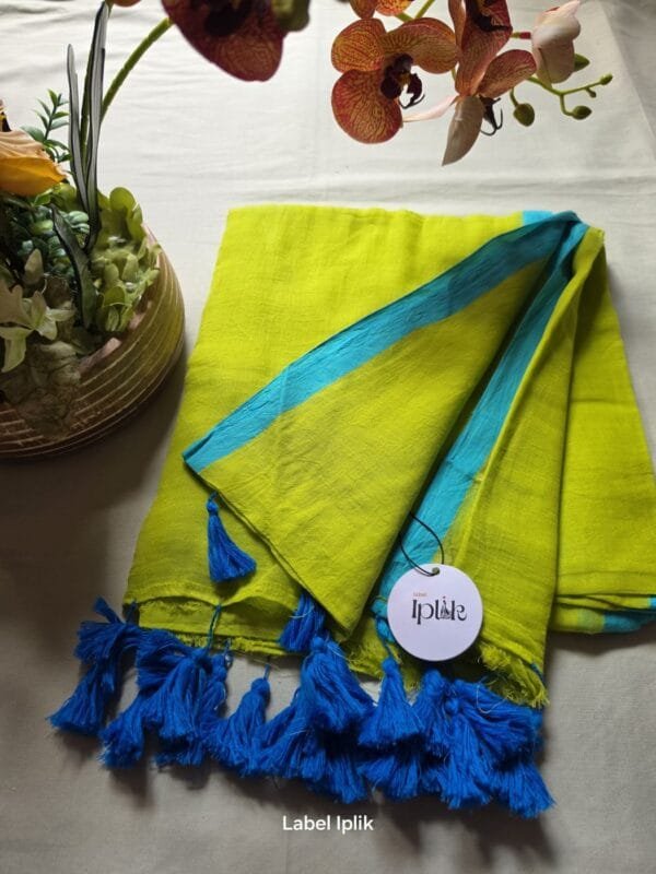 Lime Yellow with Blue Border Mul Cotton Saree