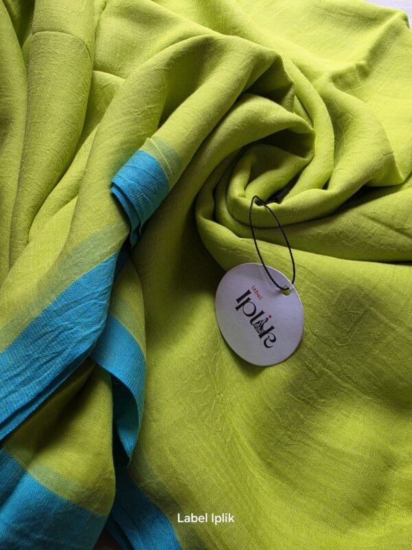 Lime Yellow with Blue Border Mul Cotton Saree