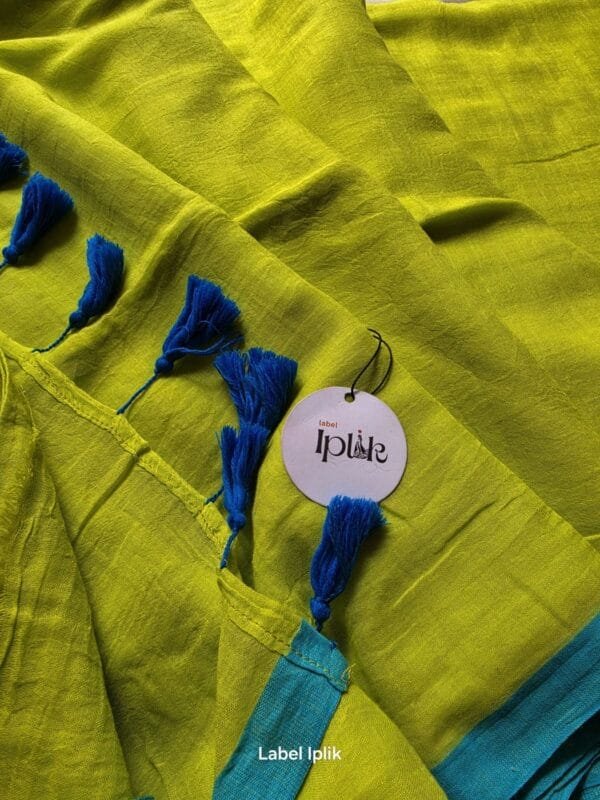 Lime Yellow with Blue Border Mul Cotton Saree